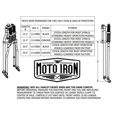 A diagram showing the dimensions of a Moto Iron® Wishbone Springer Front End for Harley Davidson Dyna 91-17 & Sportster 04-Up (Stock Length, Chrome) and Moto Iron® iron stand.