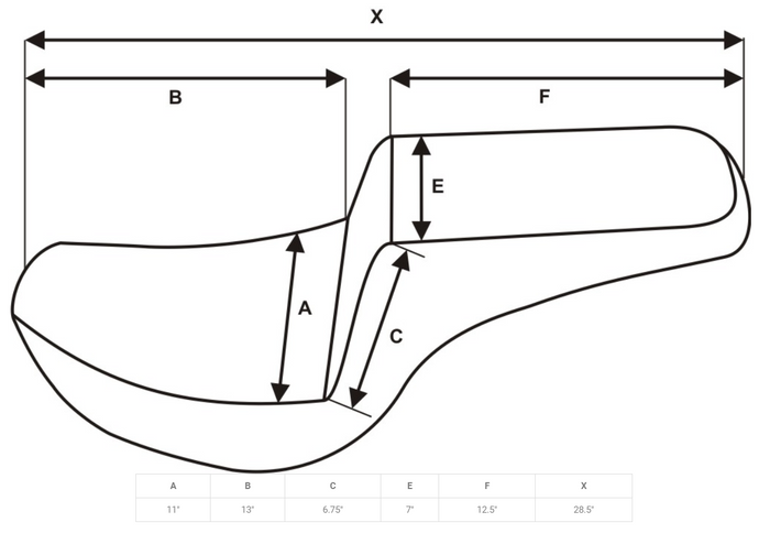 A diagram showing the dimensions of a Saddlemen Step-Up Seat for 06-17 Dyna Models - Black Front Diamond Stitch shoe.