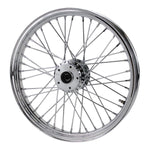 A Moto Iron® 19” × 2.5” Rear Tracker Wheel for 1973-2003 Harley-Davidson Big Twin and Sportster, featuring chrome spokes, a central hub, and valve stem, is displayed against a white background.
