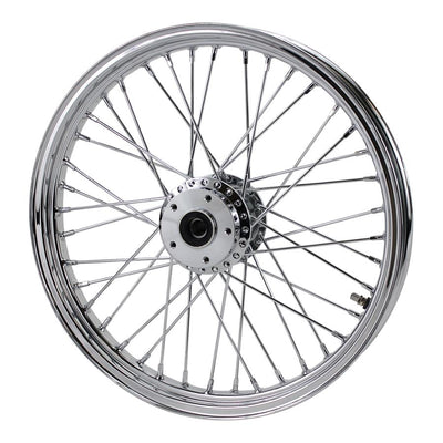 A Moto Iron® Chrome Rear Tracker Wheel 40 spoke 19"x 2.5" Fits Sportster 1982-2003 on a white background, showcasing the flat track style tires.