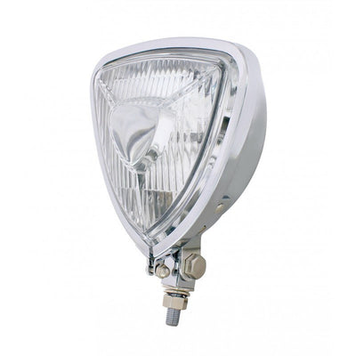 An image of a Moto Iron® Triangle Chopper Headlight - Aris Style - Chrome on a white background featuring the Aris Style and powered by a 12V 35W halogen bulb.