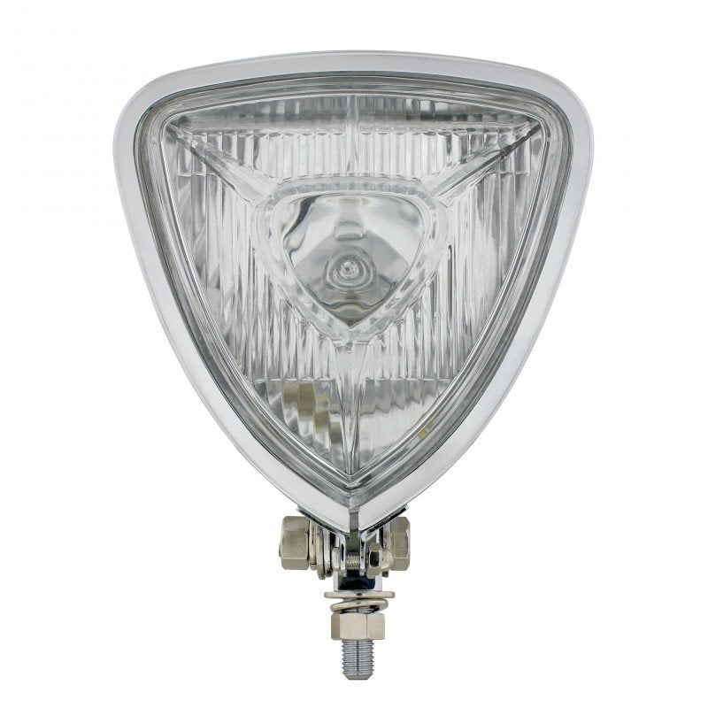 A Moto Iron® Triangle Chopper Headlight - Aris Style - Chrome with a 12V 35W halogen bulb, on a white background.