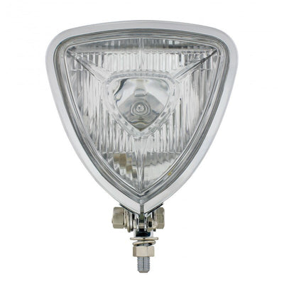 A Moto Iron® Triangle Chopper Headlight - Aris Style - Chrome with a 12V 35W halogen bulb, on a white background.