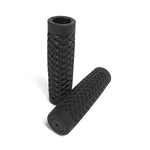 ODI Vans and Cult Grips for 1" handlebars feature a waffle pattern and come in black, brown, maroon, and orange. Textured rubber grips inspired by the Vans x CULT design are arranged on a white surface.