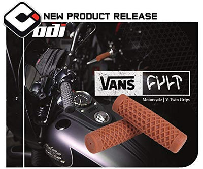 A new Vans + Cult Motorcycle Grips - 7/8" Brown release for ODI featuring waffle grip and throttle tube.