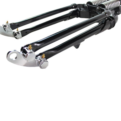 A pair of Moto Iron® Vintage Springer Front End -2" Under Black suspension arms for Harley Davidson, with bolt-on installation, on a white background.