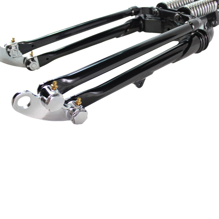 A pair of Vintage Springer Front End -4" Under Black motorcycle suspension arms by Moto Iron® in a bolt-on installation on a white background.