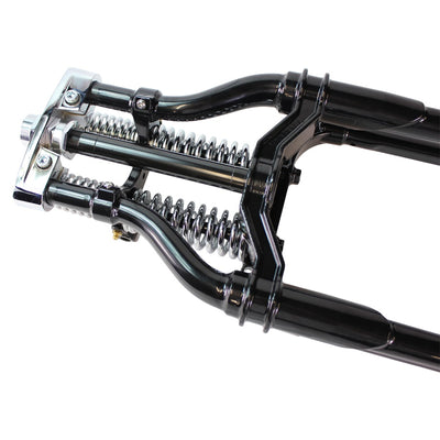 The Vintage Springer Front End -2" Under Black by Moto Iron® fits Harley Davidson features a bolt-on installation for easy customization.