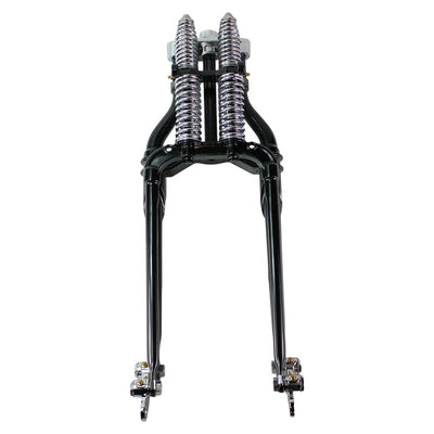 A black and white image of a Moto Iron® Vintage Springer Front End -4" Under Black fits Harley Davidson motorcycle suspension system.