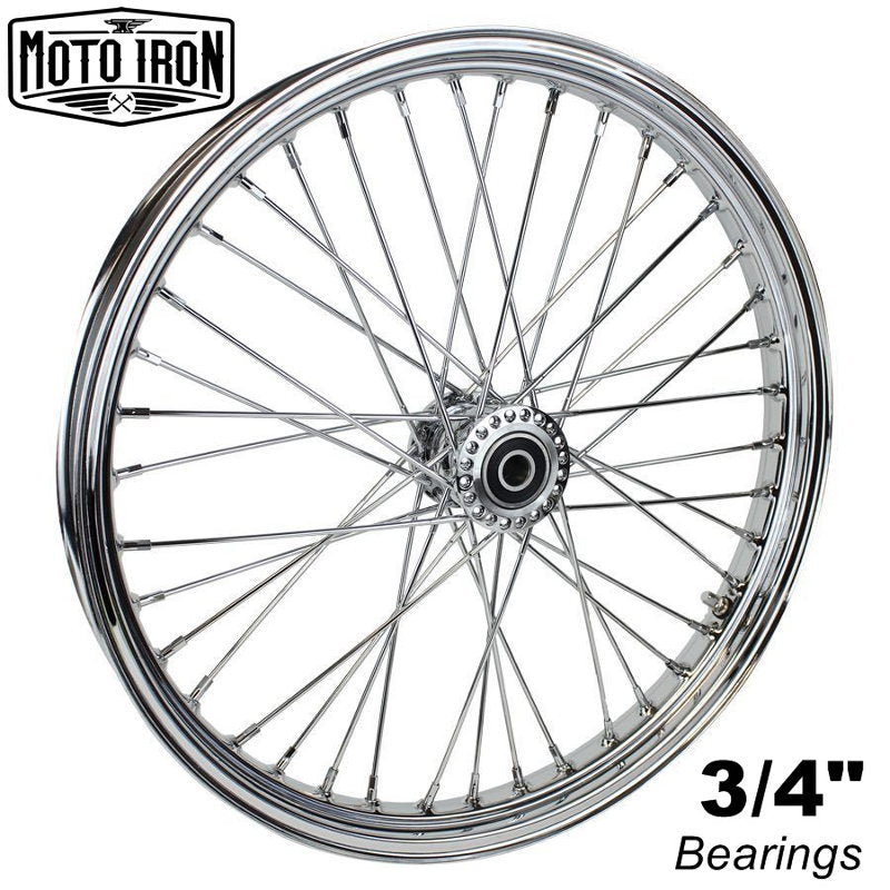 The Chrome Front 40 Spoke Spool Hub Wheel 21 x 2.15 fits Harley (3/4" Bearings) by Moto Iron® are shown on a white background.