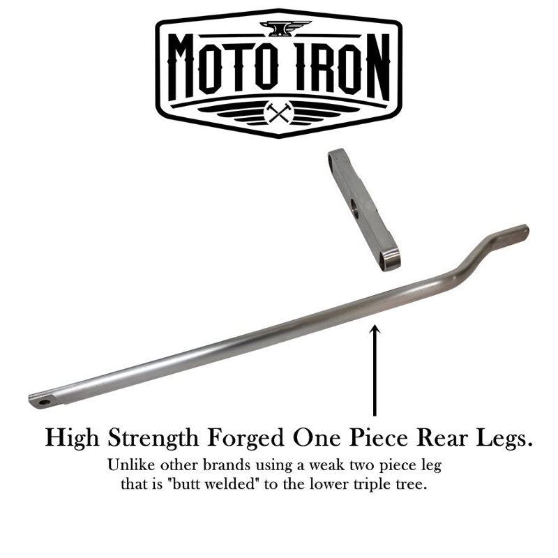 Moto Iron® Wishbone Springer Front End for Harley Davidson Dyna 91-17 & Sportster 04-Up (-3" Under, Black) high strength forged one piece rear leg.