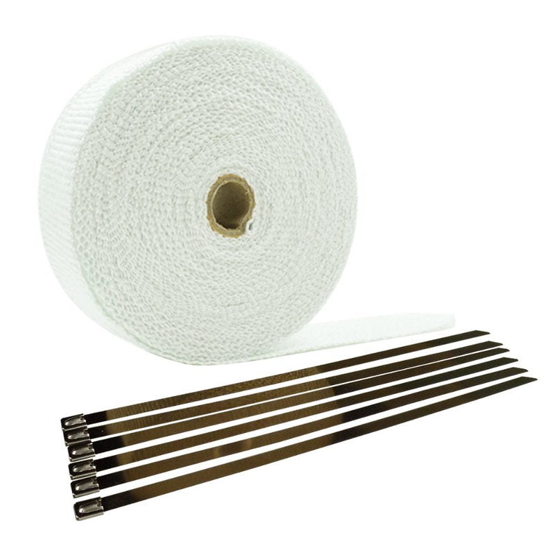 A roll of TC Bros. 50ft White Header Wrap 2 in wide (Includes locking ties) is perfect for wrapping motorcycle exhausts or exhaust header wrap.