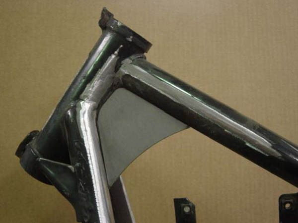 A close up of a TC Bros. XS650 frame with TC Bros. XS650 Neck Gussets.