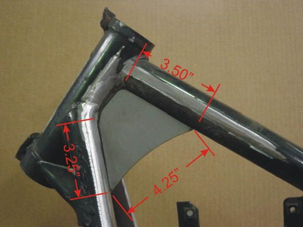 A picture of a Yamaha XS650 bicycle frame with TC Bros. XS650 Neck Gussets and measurements in the neck area.