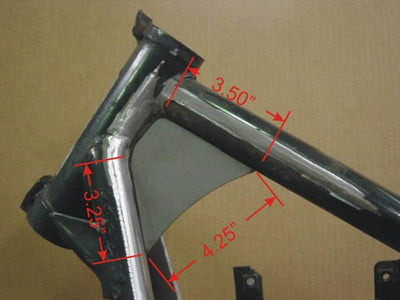 A picture of a Yamaha XS650 bicycle frame with TC Bros. XS650 Neck Gussets and measurements in the neck area.