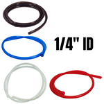 Four coils of Moto Iron® 1/4" Fuel Line tubing in black, blue, clear, and red are shown with "1/4\" ID" text, highlighting premium polyurethane fuel line made in the USA.