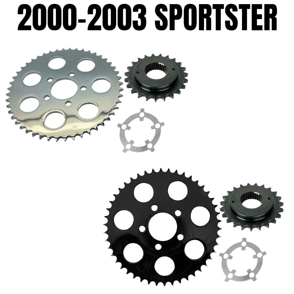 The TC Bros. Belt-to-Chain Conversion Kit for Harley-Davidson Sportster 2000-2003 includes three metal sprockets and a spacer, arranged on a white background—perfect for upgrading your chain drive system.