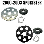 The TC Bros. Belt-to-Chain Conversion Kit for Harley-Davidson Sportster 2000-2003 includes three metal sprockets and a spacer, arranged on a white background—perfect for upgrading your chain drive system.