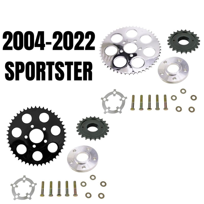 TC Bros. Belt-to-Chain Conversion Kit for Harley-Davidson Sportster 2004–2022—includes motorcycle sprockets, washers, and bolts. Ideal for converting your 2004–2022 Sportster from belt to chain drive with TC Bros. quality parts.