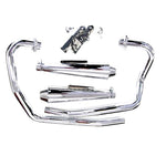 A disassembled set of chrome-plated Mikes XS XS650 Ascot Exhaust System - 1978-1984 Specials and related hardware is laid out on a white background.
