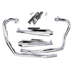 A disassembled chrome XS650 Ascot Exhaust System from Mikes XS, designed for Yamaha XS650 models from 1974-1979, is displayed against a white background.