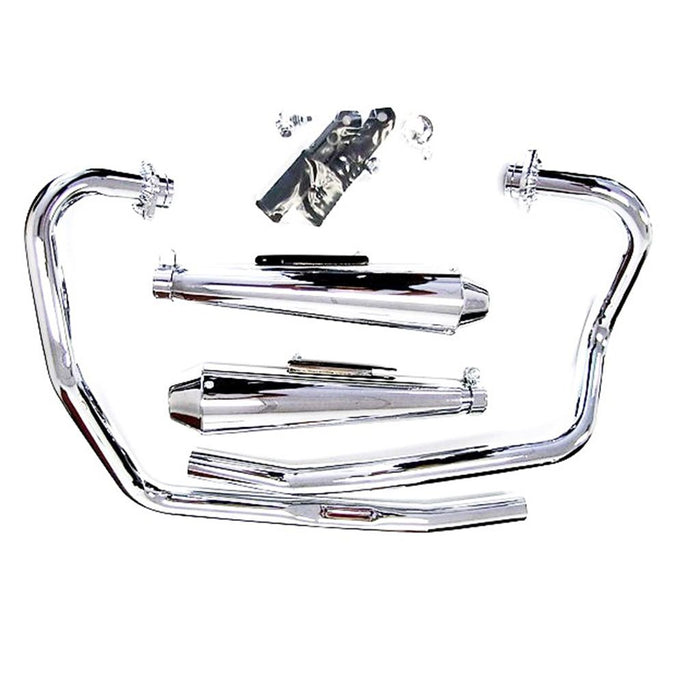 A disassembled chrome XS650 Ascot Exhaust System from Mikes XS, designed for Yamaha XS650 models from 1974-1979, is displayed against a white background.