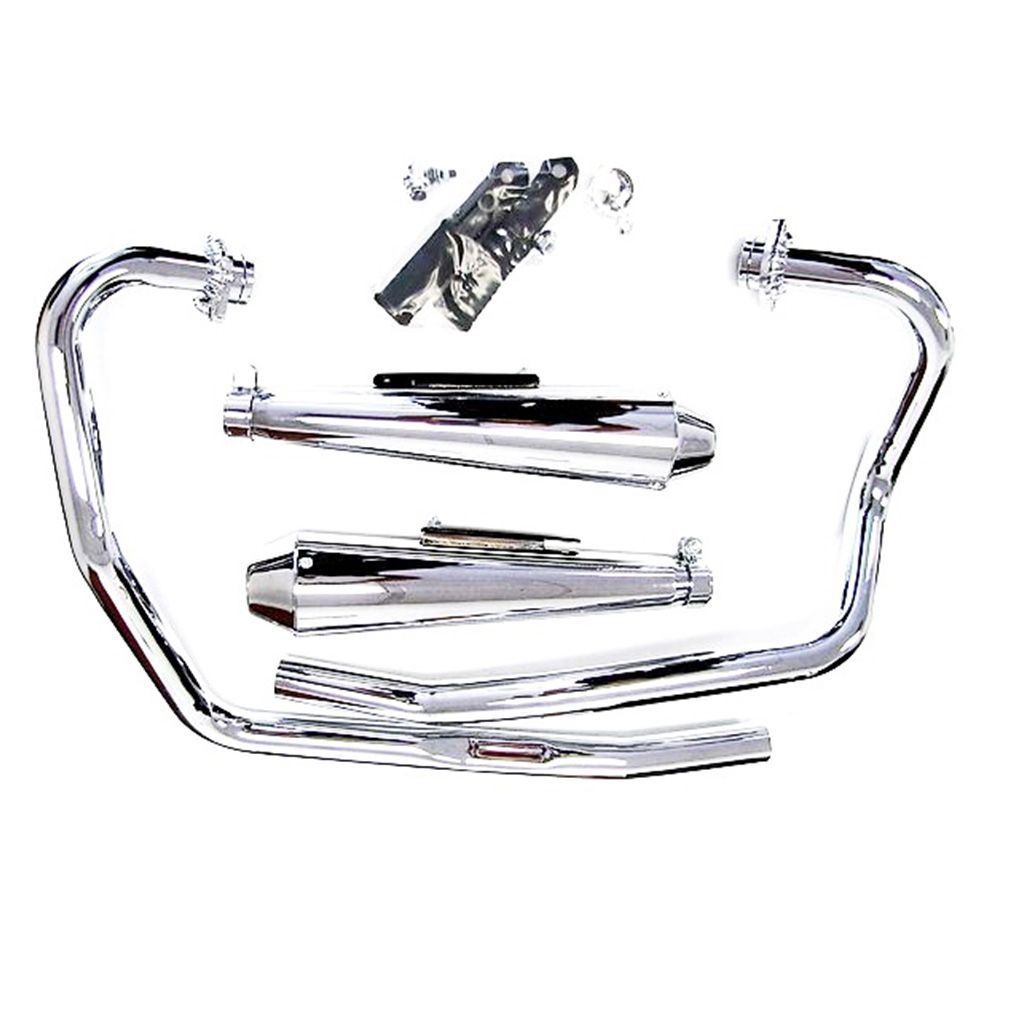 A chrome XS650 Ascot Exhaust System - 1974-1979 Standards by XS-Performance for a motorcycle.
