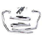 A disassembled chrome XS650 Ascot Exhaust System from Mikes XS, designed for Yamaha XS650 models from 1974-1979, is displayed against a white background.