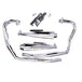 A disassembled chrome XS650 Ascot Exhaust System from Mikes XS, designed for Yamaha XS650 models from 1974-1979, is displayed against a white background.