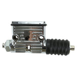 A close-up of the Wyatt Gatling Rear Brake Master Cylinder for Sportsters (fits 87-03), chrome-plated with a ribbed black rubber section and two circular openings, ideal for Harley Sportsters and custom choppers.