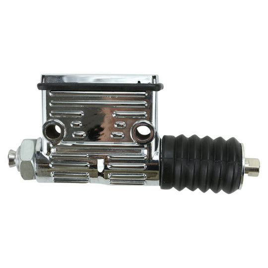 A close-up of the Wyatt Gatling Rear Brake Master Cylinder for Sportsters (fits 87-03), chrome-plated with a ribbed black rubber section and two circular openings, ideal for Harley Sportsters and custom choppers.