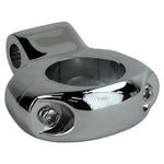 The Moto Iron® Chrome Mirror Clamp secures 5/16" mirror stems to 1" handlebars, featuring two visible screws and a cylindrical opening for mounting.