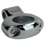 The Moto Iron® Chrome Mirror Clamp secures 5/16" mirror stems to 1" handlebars, featuring two visible screws and a cylindrical opening for mounting.