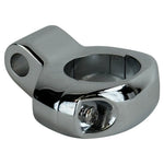The Moto Iron® Chrome Mirror Clamp secures 5/16" mirror stems to 1" handlebars, featuring two visible screws and a cylindrical opening for mounting.