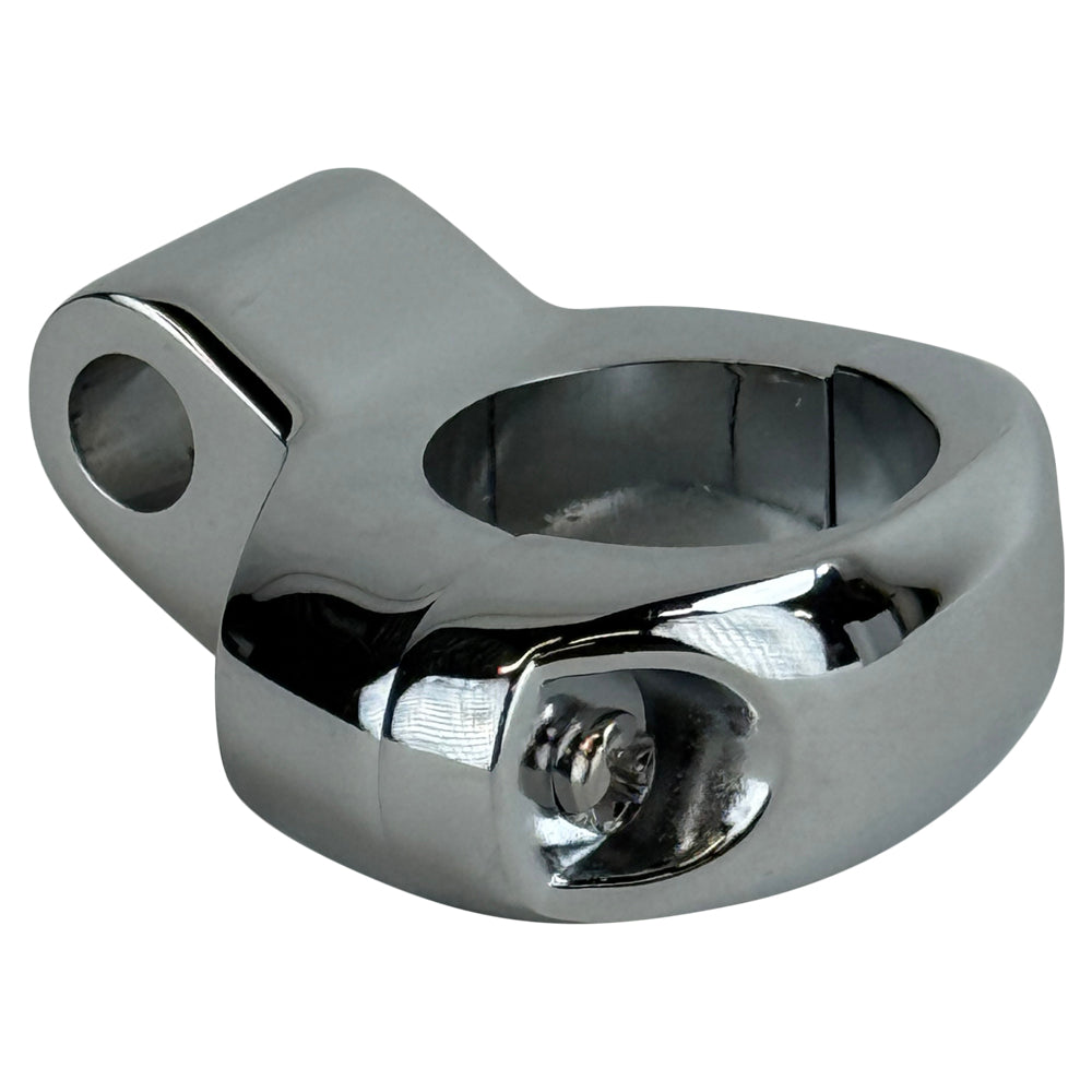The Moto Iron® Chrome Mirror Clamp secures 5/16" mirror stems to 1" handlebars, featuring two visible screws and a cylindrical opening for mounting.