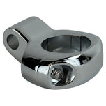The Moto Iron® Chrome Mirror Clamp secures 5/16" mirror stems to 1" handlebars, featuring two visible screws and a cylindrical opening for mounting.