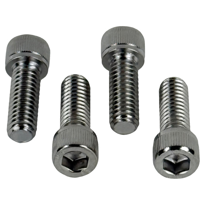 Four Moto Iron® Top Clamp Hardware bolts for Harley-Davidson 1973-Up, ideal as handlebar riser or top clamp bolts, are arranged side by side on a white background.