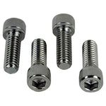 Four Moto Iron® Top Clamp Hardware bolts for Harley-Davidson 1973-Up, ideal as handlebar riser or top clamp bolts, are arranged side by side on a white background.