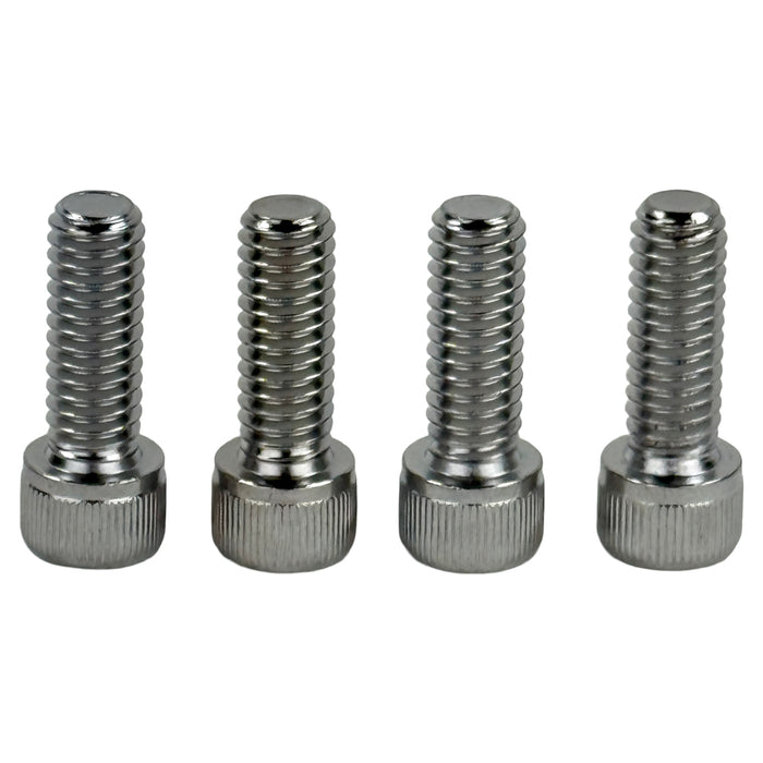 Four Moto Iron® Top Clamp Hardware bolts for Harley-Davidson 1973-Up, ideal as handlebar riser or top clamp bolts, are arranged side by side on a white background.