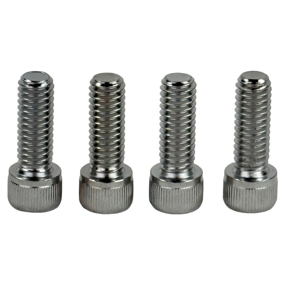 Four Moto Iron® Top Clamp Hardware bolts for Harley-Davidson 1973-Up, ideal as handlebar riser or top clamp bolts, are arranged side by side on a white background.