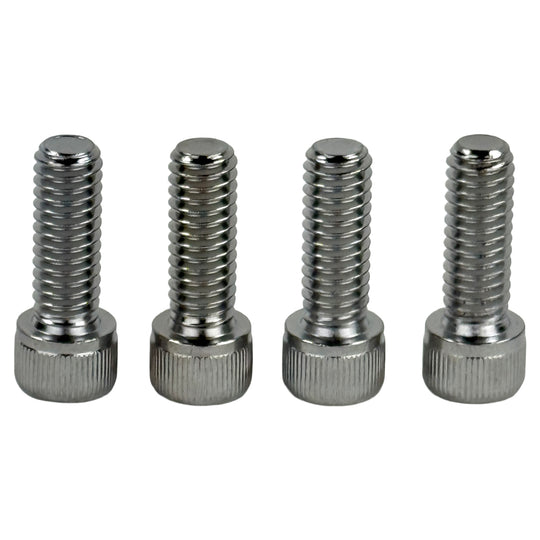 Four Moto Iron® Top Clamp Hardware bolts for Harley-Davidson 1973-Up, ideal as handlebar riser or top clamp bolts, are arranged side by side on a white background.