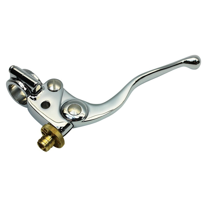 A Moto Iron® 1" Vintage Clutch Perch (Chrome) Harley and Custom Motorcycle brake lever on a white background.