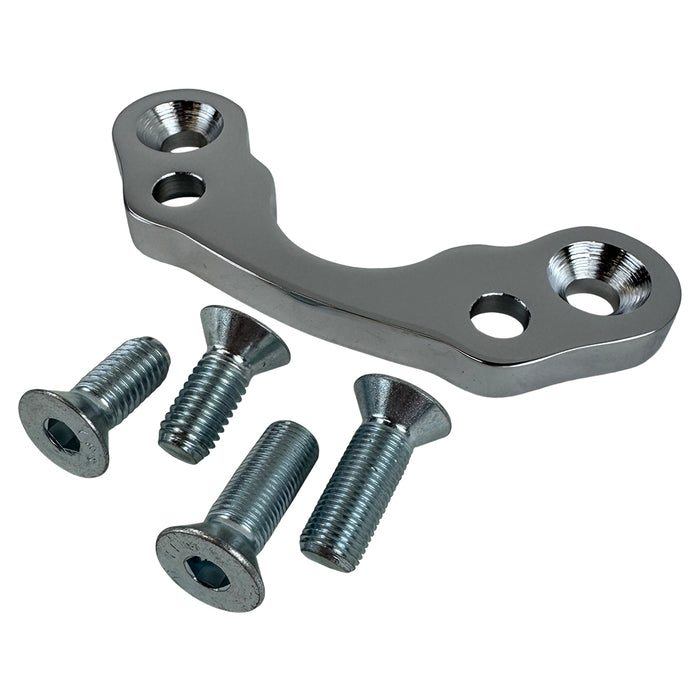 The Moto Iron® Chrome Handlebar Riser Adapter for Springer Front Ends (3.5" centers) and four matching flat-head screws are shown on a white background, perfect for customizing your Harley.