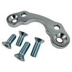 The Moto Iron® Chrome Handlebar Riser Adapter for Springer Front Ends (3.5" centers) and four matching flat-head screws are shown on a white background, perfect for customizing your Harley.