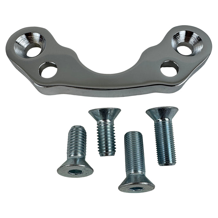 The Moto Iron® Chrome Handlebar Riser Adapter for Springer Front Ends (3.5" centers) and four matching flat-head screws are shown on a white background, perfect for customizing your Harley.