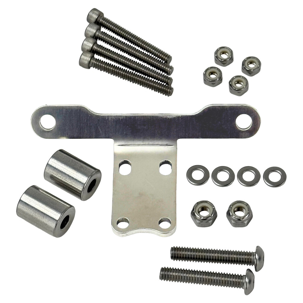 Three identical TC Bros. metal hardware kits—each with a gauge bracket, bolts, washers, nuts, and two black cylindrical spacers—compatible with the TC Bros. Bracket Adapter For Pro Series Modular Risers, displayed on a white background.