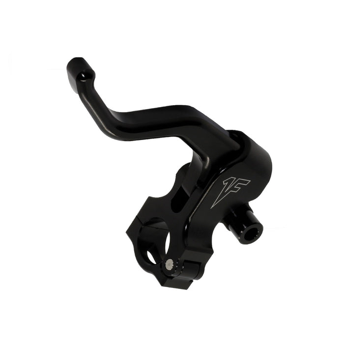 Close-up of a motorcycle handlebar with an orange rubber grip, rearview mirror, and the 1FNGR Easier Pull Clutch Lever Assembly for 1982-2024 Harley-Davidson, designed for smoother clutch operation.