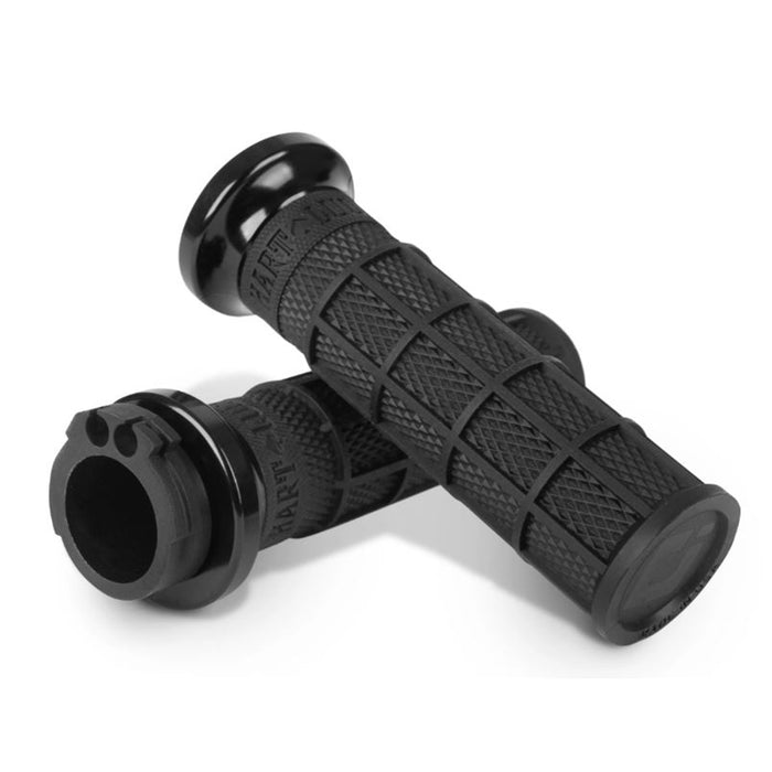 Seven pairs of ODI Hart-Luck Lock-on Grips for Harley-Davidson Cable Throttle, featuring black textured MX-style full-waffle handles with end caps in red, black, silver, or bronze—also suitable for bicycles.