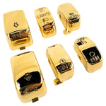 Moto Iron® gold motorcycle handlebar control switches with switch housing feature horn, lights, start, run, and directional arrow icons. They are compatible with the Gold Switch Cap Kits for most 2000-2013 Harley Models.