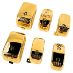 Moto Iron® gold motorcycle handlebar control switches with switch housing feature horn, lights, start, run, and directional arrow icons. They are compatible with the Gold Switch Cap Kits for most 2000-2013 Harley Models.